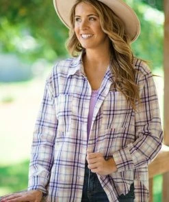 VEVERET Lavender And Beige Plaid Button Up Top Tops