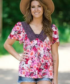 Staccato Pink And Coral Floral Print Contrast Trim Top