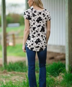 BOMBOM SHORT SLEEVES Black And Beige Cow Print Top With Buttons
