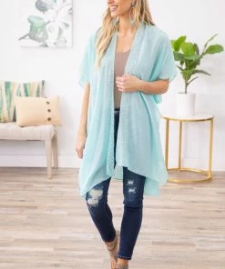 Filly Flair CARDIGANS Aqua Kimono With Rhinestone Trim