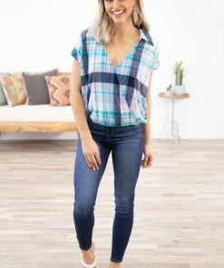 Emerald Tops Turquoise And Lavender Plaid Surplice Top