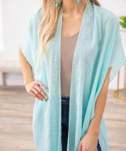 Filly Flair CARDIGANS Aqua Kimono With Rhinestone Trim
