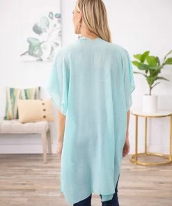 Filly Flair CARDIGANS Aqua Kimono With Rhinestone Trim