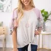 ADORA Grey Tie Front Paisley Print Sleeve Top SHORT SLEEVES
