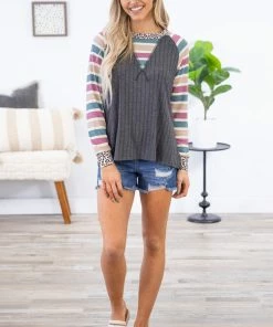 Haptics Steel Multicolor Stripe Sleeve Rib Knit Top
