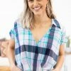 Emerald Tops Turquoise And Lavender Plaid Surplice Top