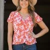Gilli Orange And White Floral Ruffle Trim Top