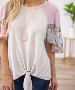 ADORA Grey Tie Front Paisley Print Sleeve Top SHORT SLEEVES