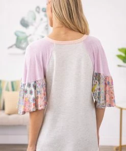 ADORA Grey Tie Front Paisley Print Sleeve Top SHORT SLEEVES