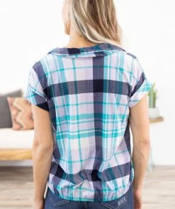 Emerald Tops Turquoise And Lavender Plaid Surplice Top