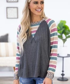 Haptics Steel Multicolor Stripe Sleeve Rib Knit Top
