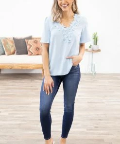 FSL Apparel Pastel Blue Pleated Sleeve Crochet Trim Top Tops 7 FSL Apparel Pastel Blue Pleated Sleeve Crochet Trim Top Tops
