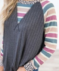 Haptics Steel Multicolor Stripe Sleeve Rib Knit Top