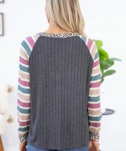 Haptics Steel Multicolor Stripe Sleeve Rib Knit Top