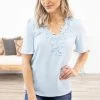 FSL Apparel Pastel Blue Pleated Sleeve Crochet Trim Top Tops