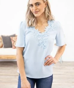FSL Apparel Pastel Blue Pleated Sleeve Crochet Trim Top Tops