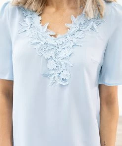 FSL Apparel Pastel Blue Pleated Sleeve Crochet Trim Top Tops 8 FSL Apparel Pastel Blue Pleated Sleeve Crochet Trim Top Tops