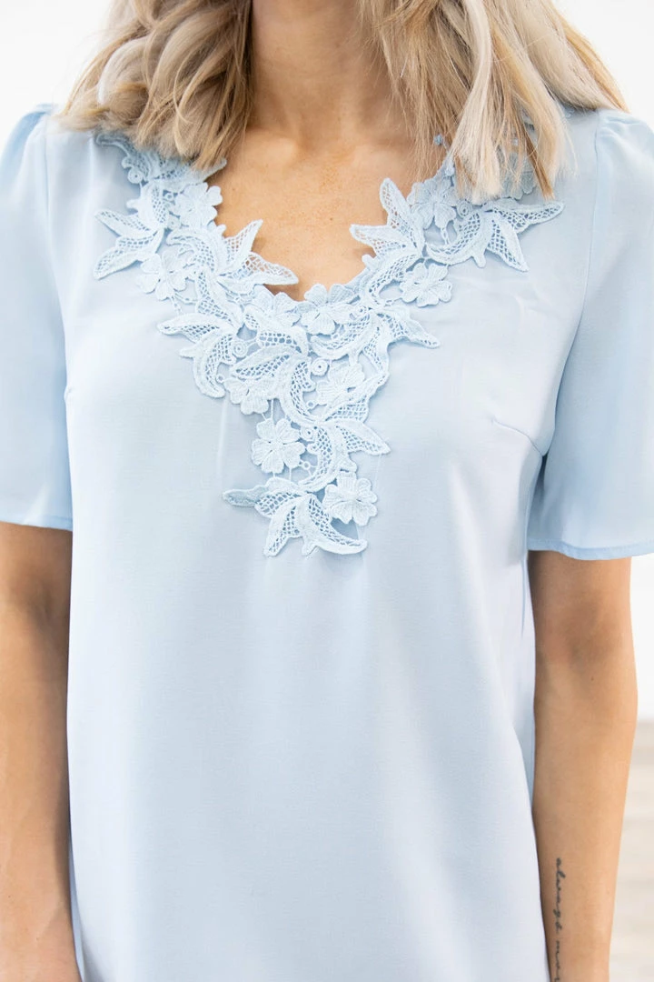 FSL Apparel Pastel Blue Pleated Sleeve Crochet Trim Top Tops 5 FSL Apparel Pastel Blue Pleated Sleeve Crochet Trim Top Tops