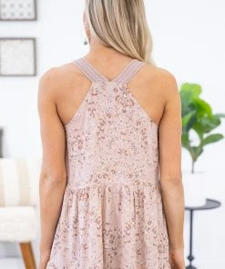 Doe & Rae Dusty Rose Floral Ruffle Trim Babydoll Tank
