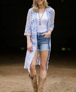 SHORELINE White And Pastel Blue Lace Sleeve Cardigan Tops