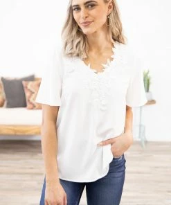 FSL Apparel Tops Off White Pleated Sleeve Crochet Trim Top