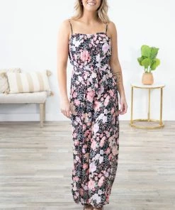 Haute Monde Dresses Black And Coral Floral Print Jumpsuit