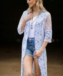 SHORELINE White And Pastel Blue Lace Sleeve Cardigan Tops