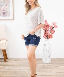 PS KATE Grey And Ivory Stripe Dolman Sleeve Top SHORT SLEEVES