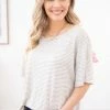 PS KATE Grey And Ivory Stripe Dolman Sleeve Top SHORT SLEEVES
