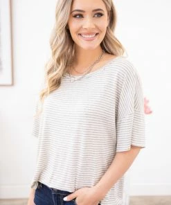 PS KATE Grey And Ivory Stripe Dolman Sleeve Top SHORT SLEEVES