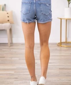 Zenana Medium Wash Fray Hem Cuffed Shorts Bottoms