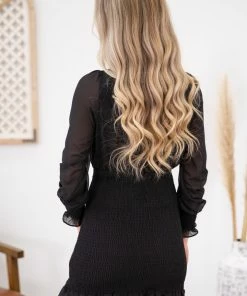 HyFve Black Smocked Skirt Long Sleeve Dress