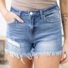 Bottoms Risen Medium Wash Fringe Hem High Rise Shorts