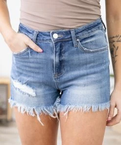 Bottoms Risen Medium Wash Fringe Hem High Rise Shorts
