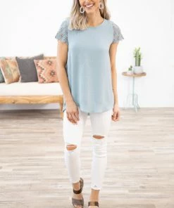 Lovely Melody Slate Blue Crochet Sleeve Textured Top 9 Lovely Melody Slate Blue Crochet Sleeve Textured Top