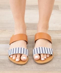 East Lion Shoes Navy And White Cognac Two Strap Sandals