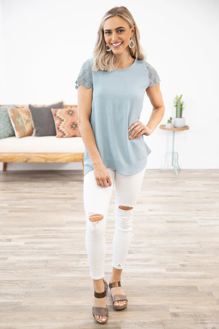 Lovely Melody Slate Blue Crochet Sleeve Textured Top 4 Lovely Melody Slate Blue Crochet Sleeve Textured Top