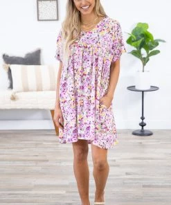 Haptics Lavender And Yellow Floral Short Sleeve Dress