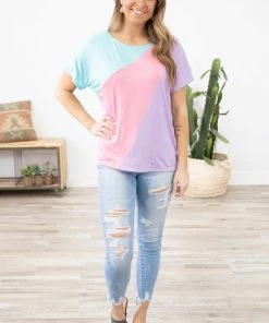BIBI Aqua And Pink Colorblock Dolman Sleeve Top Tops