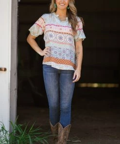 Les Amis Turquoise And Orange Geometric Print Top SHORT SLEEVES