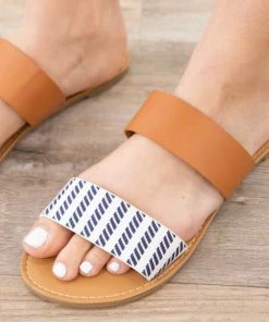 East Lion Shoes Navy And White Cognac Two Strap Sandals