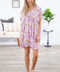 Haptics Lavender And Yellow Floral Short Sleeve Dress