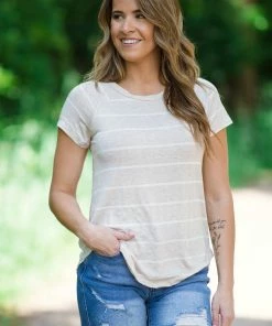 Perfect Peach Beige And Off White Stripe Top Tops