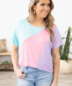 BIBI Aqua And Pink Colorblock Dolman Sleeve Top Tops