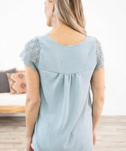 Lovely Melody Slate Blue Crochet Sleeve Textured Top 10 Lovely Melody Slate Blue Crochet Sleeve Textured Top