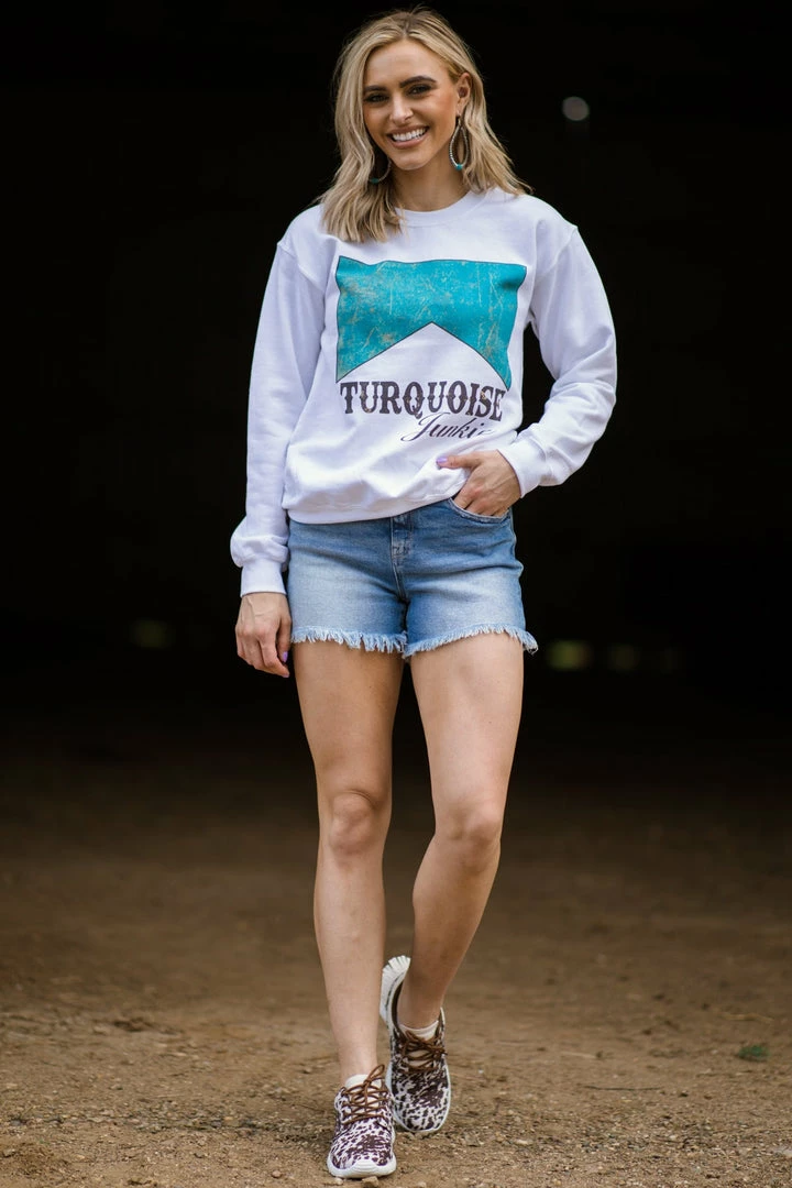 ALPHIA SWEATSHIRTS & HOODIES White And Turquoise Junkie Graphic Sweatshirt 5 ALPHIA SWEATSHIRTS & HOODIES White And Turquoise Junkie Graphic Sweatshirt
