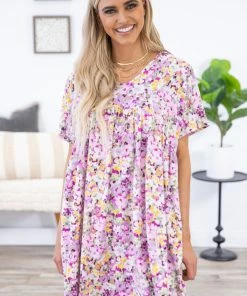 Haptics Lavender And Yellow Floral Short Sleeve Dress