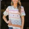 Les Amis Turquoise And Orange Geometric Print Top SHORT SLEEVES