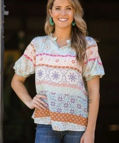 Les Amis Turquoise And Orange Geometric Print Top SHORT SLEEVES