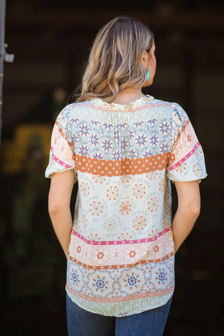 Les Amis Turquoise And Orange Geometric Print Top SHORT SLEEVES 5 Les Amis Turquoise And Orange Geometric Print Top SHORT SLEEVES